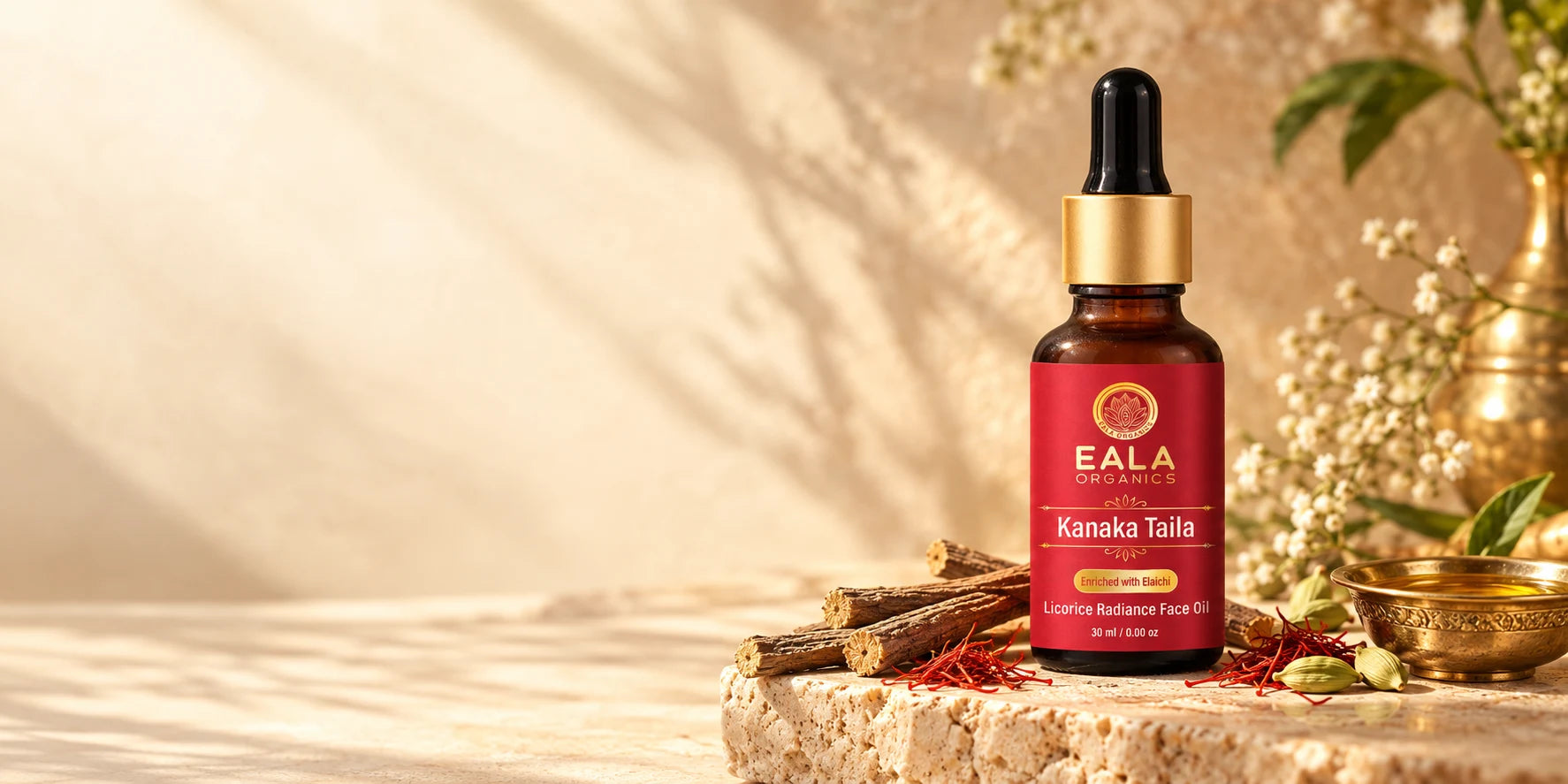 Kanaka Taila face oil with saffron and licorice on warm stone